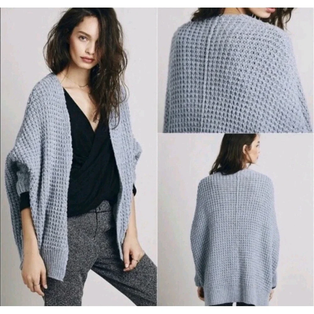 Free People Cocoon Cardigan Sweater Blue Waffle‎ Knit Wool Angora Blend Small